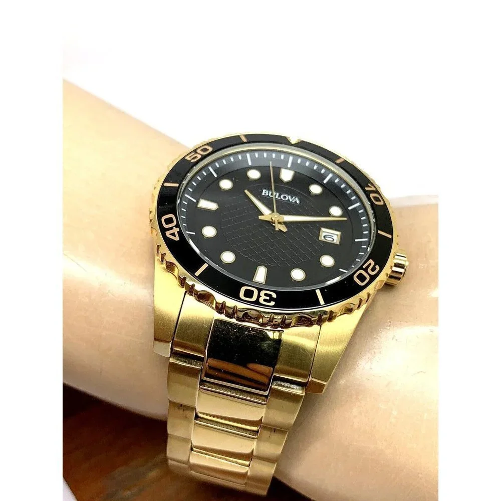Bulova Men's Watch 98B375 Quartz Gold Black Dial Date Stainless Steel 43mm